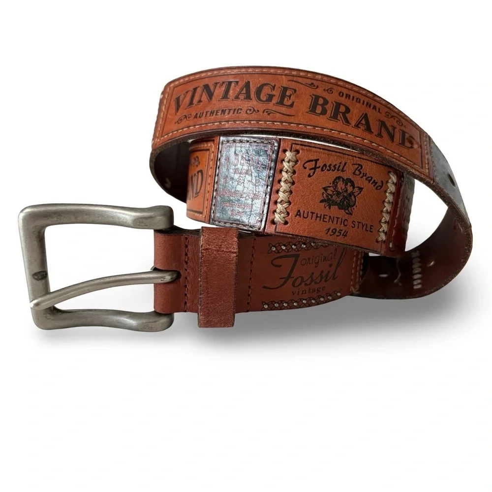 Rare Y2K VTG Fossil 54 Logo Patchwork Leather Belt | Size Medium M - Picture 7 of 14